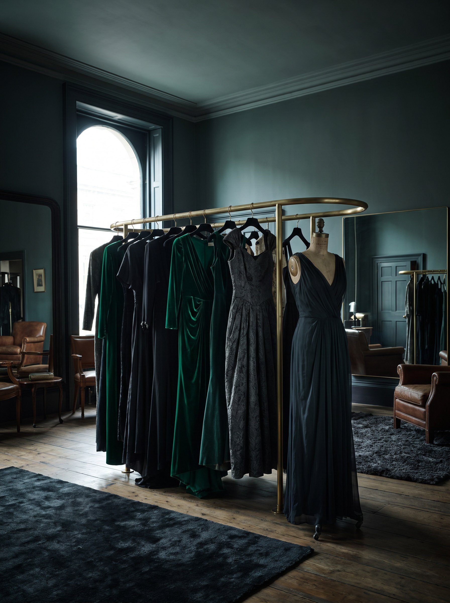 A rail of pre-loved evening gowns